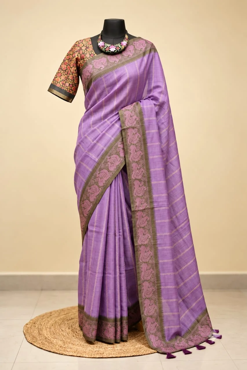 Peacock Border Dotted Striped Linen Cotton Saree